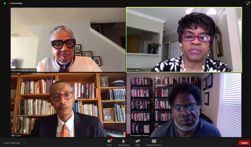 four speakers on Zoom screen at 2020 DAV lecture
