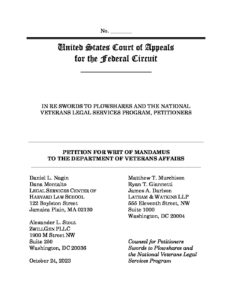 United States Court of Appeals for the Federal Circuit in RE Swords to Plowshares and the National Veterans Legal Services Program, Petitioners Petition for Write of Mandamus to the Department of Veterans Affairs