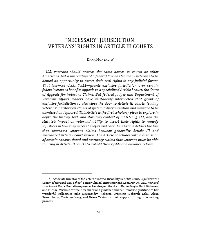 "Necessary" Jurisdiction: Veterans' Rights in Article III Courts